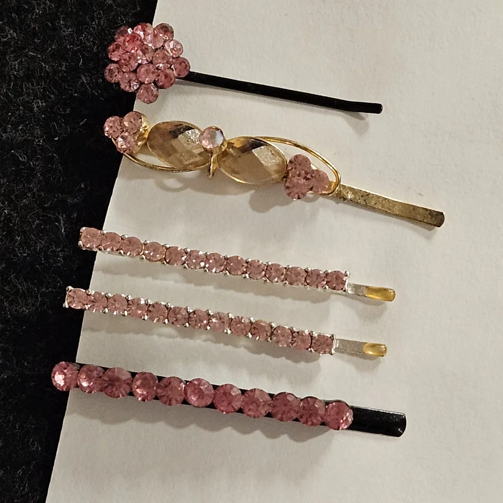 Set Of 5 pink rhinestone hair pins Special Occasion Updo Bun Braid Prom Party